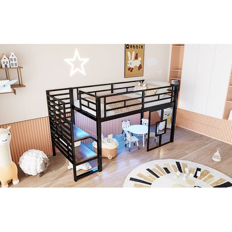 DESVIAE Lit mezzanine 90 x 200 cm en métal avec escalier de rangement fenetres eclairage led noir (1/5)