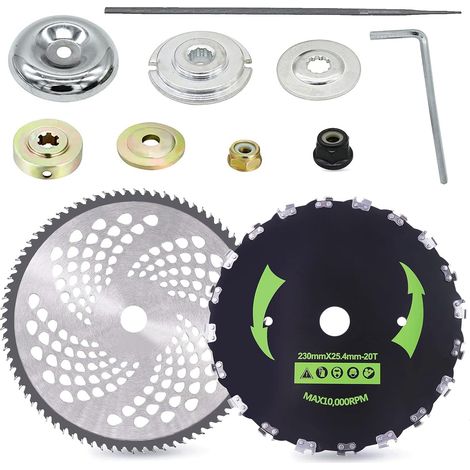 Lot de 2 lames de débroussailleuse 10" x80T à pointe en carbure pour couper, débroussailleuse, tondeuse (2 kits d'adaptateurs différents totalisant 14 pièces) (1/5)