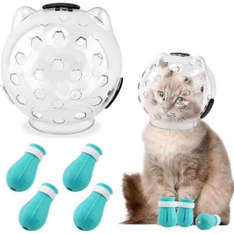 Casque transparent pour chat - Avec 4 housses de griffes en silicone - Réglable et respirant - Anti-morsure - Taille M - Protection animaux (1/5)