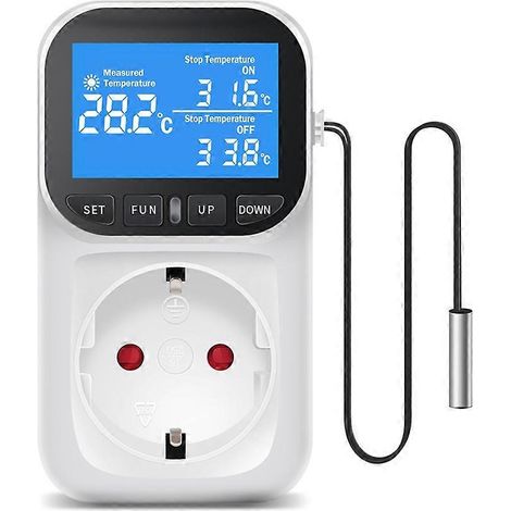 Thermostat numérique de prise de courant avec sonde de température, interrupteur de chauffage/refroidissement, rétroéclairage, prise européenne. (1/5)