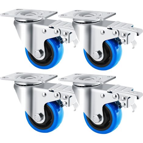 4 Roulettes Pivotantes, Roulette Charge Lourde 100/125 mm avec 4 Frein, Système de Freinage à 2 Pédales, n'endommage pas les chaussures, Roulette Sans Traces au Sol (Bleu, 100 mm) (1/5)