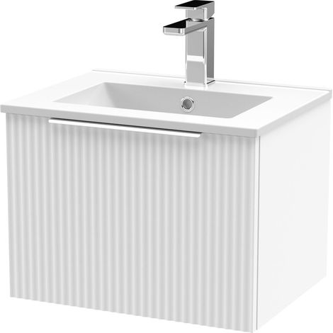 Tixall Fluted 1 Drawer Wall Hung Vanity Unit with Minimalist Basin, Satin White, 500mm (1/4)