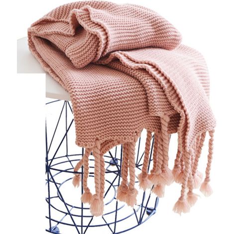 Sollbry Manta de punto grueso, acogedora manta de punto trenzado para sofá, silla, cama, sala de estar, dormitorio, manta decorativa de algodón (rosa) (1/5)