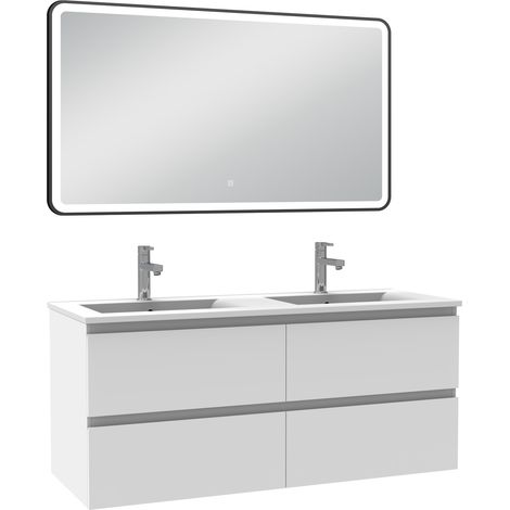 Acezanble Meuble Salle de Bain 120cm Blanc double vasque + miroir lumineux 3 couleurs + dimmable