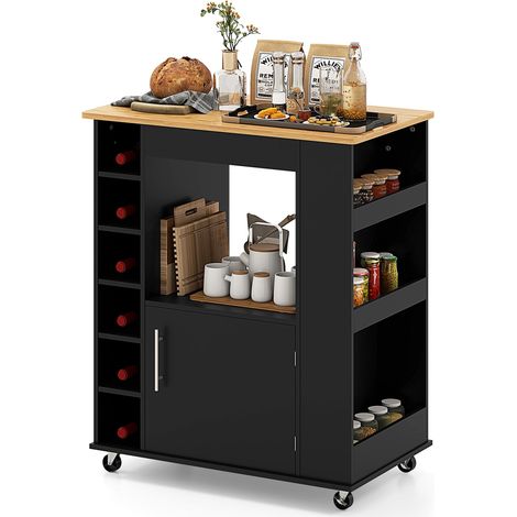 COSTWAY Carrello da Cucina con Ruote, Isola da Cucina con Scomparti Portabottiglie a 6 Scomparti, Portaspezie e Portasciugamani, 76x44x89 cm (Nero) (1/5)