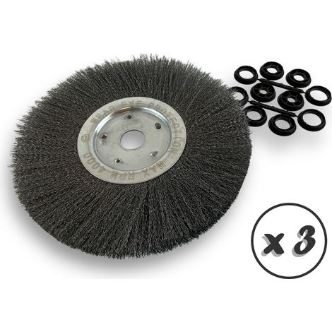 Lot de 3 brosses circulaires ACIER Ø 300 mm Epaisseur 1 rang Fil dur 0.30 mm ondulé Alésage 32 mm + réducteur bague 25/22/20/16/12 mm Touret affûteuse ponceuse Kibros 211301ATx3 (1/5)