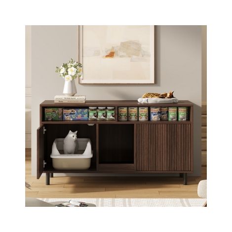 Meuble pour litière avec bac à litière et tapis anti-sable, meuble pour animaux avec étagère, buffet/meuble TV pour animaux, sans bac à litière, 120 x 50 x 66 cm, couleur noyer