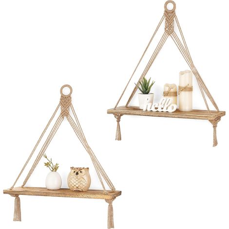 Lot de 2 étagères murales flottantes en macramé style bohème rustique pour chambre à coucher, salle de bain, salon, chambre d'enfant, dortoir (1/5)