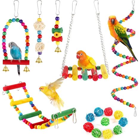 Lot de 10 jouets pour oiseaux en bois naturel balançoires et accessoires colorés pour cages de perroquets (1/5)