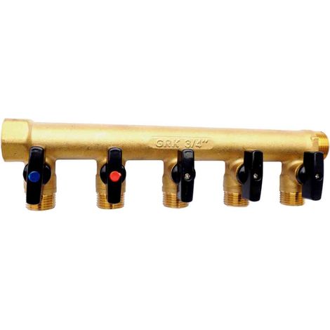 Noyon & Thiebault – Collecteur mâle/femelle 5 départs à visser – Entrée mâle/femelle 20x27 – Départs mâle 15x21 – Entraînement 50 mm avec vannes intégrées