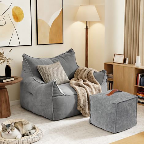 Puluomis – Fauteuil poire 1 place en velours gris clair – Rembourrage haute résilience – Repose-pieds inclus – Dimensions 100x95x65 cm