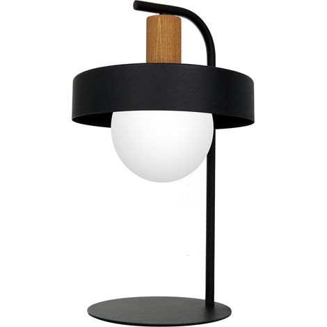 Lampe de table noire bois globe verre Canan E27 15W