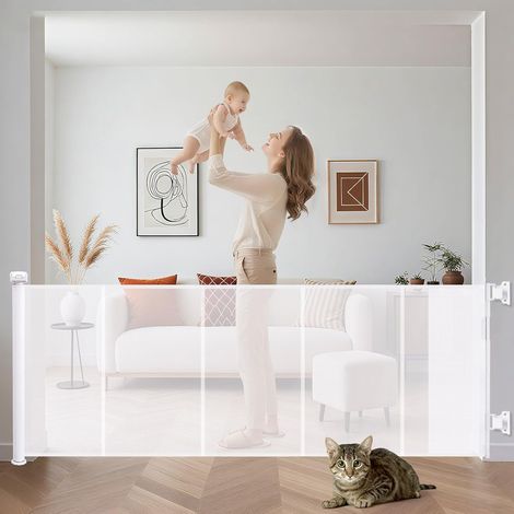 Barrière de Sécurité Rétractable, 300 cm de Large x 86 cm de Haut, pour Escaliers et Chiens, Blanc (Blanc, 300CM) (1/5)