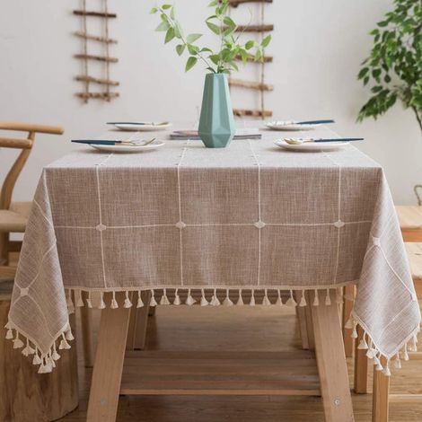 Nappe lavable en coton et lin, rectangulaire, anti-poussière, avec pompons, pour la décoration de la cuisine (à carreaux marron, carrée, 140 x 140 cm, 4 couverts) (1/5)