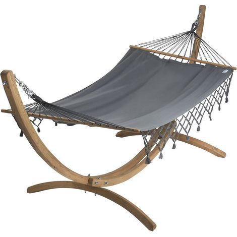 Set Hamac coloris Anthracite à franges + support bois - Set eskapade - 320x125cm