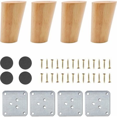 Lot de 4 Pieds de Meuble en Bois, Pieds de Meuble Coniques inclinés de 8 cm, Pieds de Table de Remplacement en Bois Massif en chêne, Pieds de Meuble avec plaques de Montage, vis et Patins en Feutre (1/4)