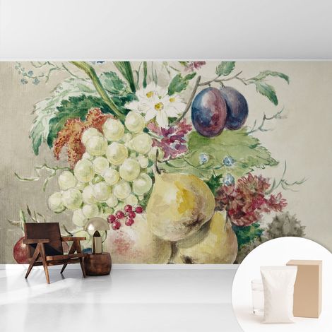 Tapete Vliestapete mit Kleber modern Wohnzimmer - Wanddeko Schlafzimmer - Tapete mit Motiv Blumen und Früchte 416x254 cm (1/5)