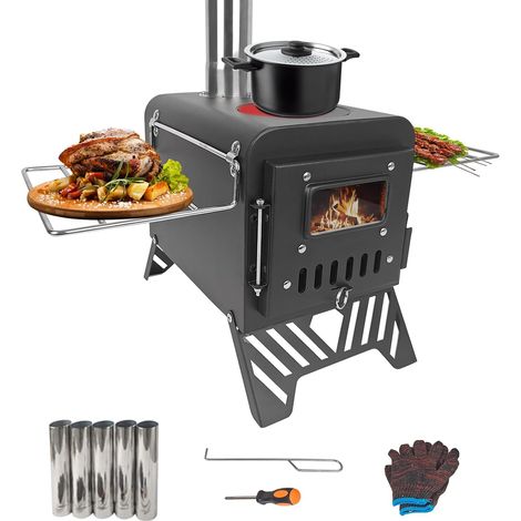 Réchaud de camping pour tente, taille élargie : 54 x 28 x 35 cm, poêle à bois portable d'extérieur avec tuyaux de cheminée en acier inoxydable, petit et confortable, pour la cuisine (1/5)