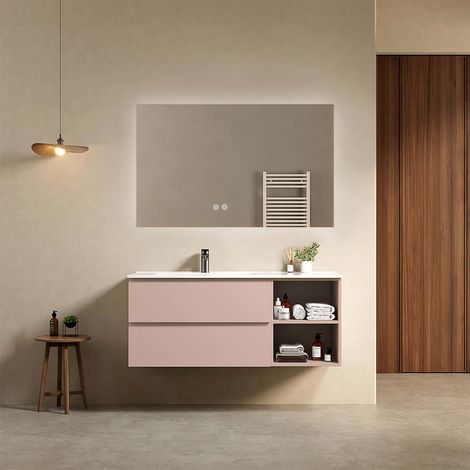 Mobile bagno sospeso 120 cm Rosa Retro Lavabo a Sinistra in Ceramica Specchio Quadro Retroilluminato - Fiji Paint Plus (1/4)
