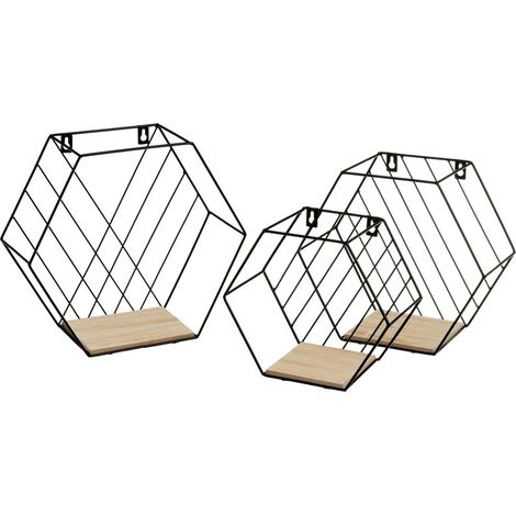 Set 3 Mensole Esagonale da Parete Design Industrial Scaffale Nero Legno Naturale