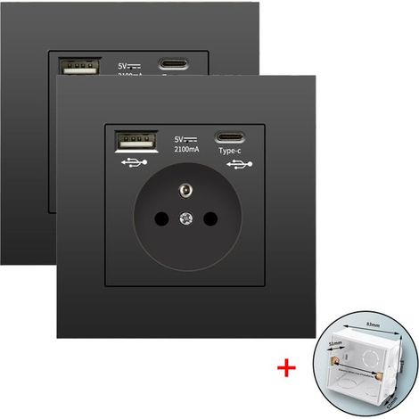 Lot de 2 prises murales avec USB et Type-C, 5V 2.1A, norme UE, prise USB encastrée, multiprise avec boîtier de montage, 110-250V (noir)