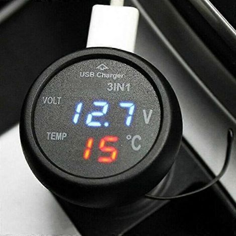 Voltmètre-thermomètre numérique pour voiture, chargeur USB, prise allume-cigare, 3 en 1 (1/4)