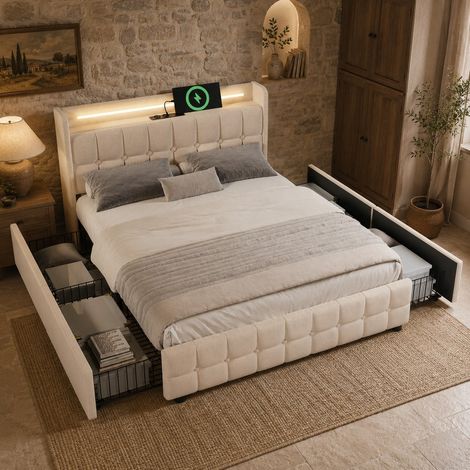 Bett modern 140x200 cm mit gepolstertem Kopfteil, Steckdosen & USB, LED, 4 Schubladen, Holz-Metall-Gestell, Beige (1/5)