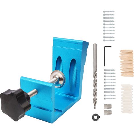 Jeu de 46 pièces de gabarit de perçage incliné pour menuiserie, outil de guidage de trous d'angle, positionneur de forage métal, bleu, ensemble complet. (1/5)