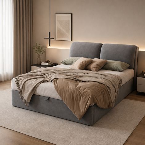 Lit coffre rembourré 140x190 cm - lit double avec rangement hydraulique - 3 tiroirs - sommier à lattes et tête de lit - Velours - gris (1/5)
