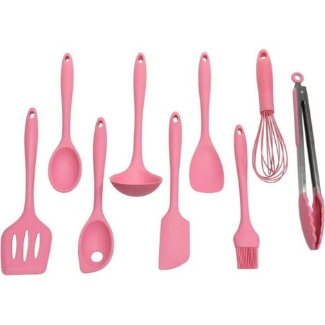 Ensemble de 9 ustensiles de cuisine en silicone de qualité supérieure – Outils de cuisson résistants à la chaleur, de couleur rose – Comprend une spatule, une cuillère, une louche et plus encore pour 