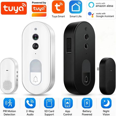 Tuya Campanello Smart WiFi con Videocamera, Batteria e Suoneria Interna USB Bianco (1/5)