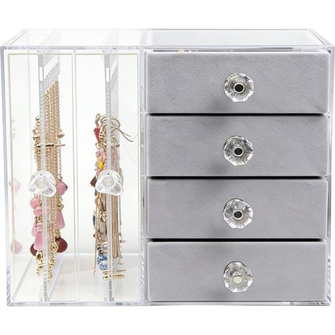 Organisateur de bijoux, porte-boucles d'oreilles et colliers, boîte de rangement multi-compartiments pour chambre, coiffeuse ou comptoir, 2 tiroirs transparents et 4 tiroirs gris (1/5)