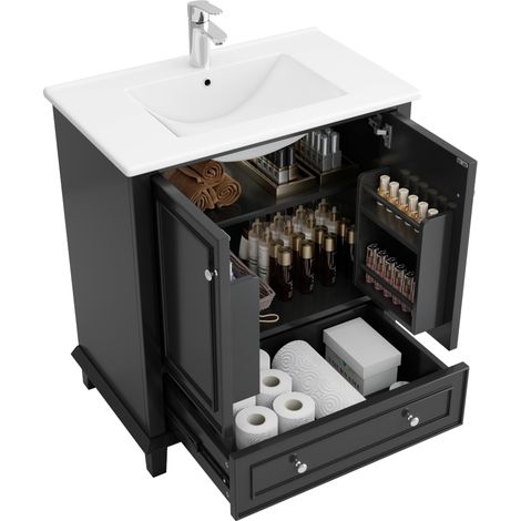 Armoire de salle de bains blanche 76x46x87cm, pieds en bois massif, matériau MDF, résistante à l'humidité et à l'eau, grand espace de rangement, lavabo en céramique intégré, facile à nettoyer, noir