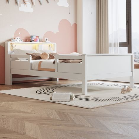 Lit enfant en bois 90x200 cm avec LED, prise USB et Type-C, tête de lit avec rangement, structure à barreaux, pin blanc (1/5)