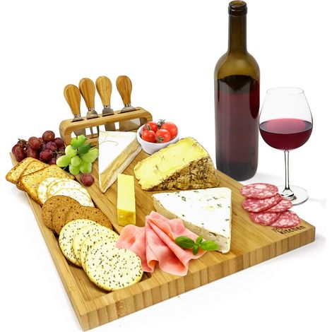 1 Planche à Fromages Bambou, Ensemble Couteaux Fourchette, Plateau Charcuterie Apéritif (1/5)