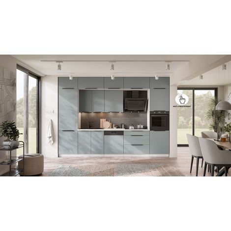 Küche ARIA K-WH - NAGU 340 cm Anti Fingerprint Küchenzeile Küchenblock Singleküche EinbaukücheAQUAMARINE - AFM