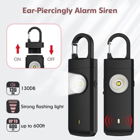Alarmas personales，2 unidades，Botón de alarma personal，130 dB，Sirena con linterna LED，Alarma de seguridad，Recargable por USB，Negro/Blanco (1/4)