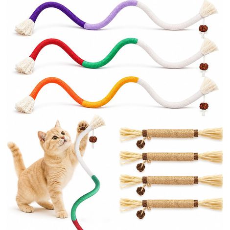 Jouet à mâcher pour chat en corde de coton et bois naturel, bâtonnets de dentition et corde à mordre, jouet interactif pour hygiène dentaire et santé digestive (1/5)