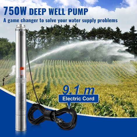 Pompe submersible forage 750W 230V 60Hz, débit 7,1 m³/h hauteur 75 m, câble 9,1 m, acier inoxydable IP68 pour industrie irrigation et maison (1/5)