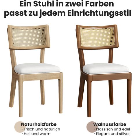 Set de 2 chaises bistrot en bois massif, dossier cannage rotin, assise lin confortable, style scandinave moderne, teinte naturelle bois clair, parfait pour cuisine, séjour, restaurant ou salon. (1/5)
