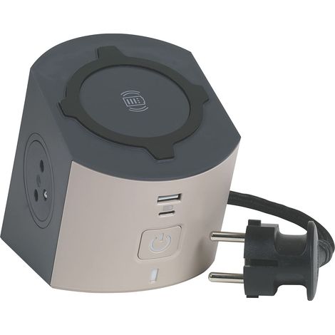 Bloc Multiprise/Station de Charge - 2 Prises Surface avec Terre + 1 Chargeur à Induction Qi+ 1 Prise USB-C + 1 Prise USB-A - Avec Cordon 2m - Taupe et Gris Foncé (1/5)