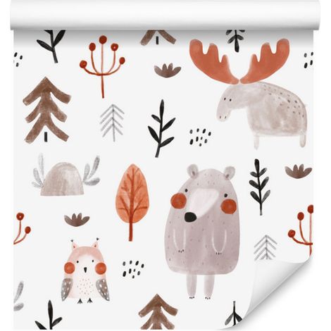 Papel pintado con estampado de búhos, alces y osos para salón y dormitorio, 50x1000 cm. (1/5)
