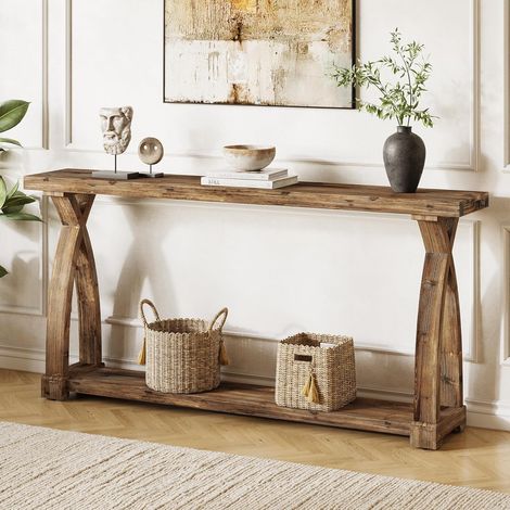 Tribesigns Table Console de 160 cm avec Rangement, 2 Niveaux Table d'Entrée en Bois Massif, Ferme Table d'Appoint de Couloir pour Entrée, Foyer, Salon, Rustique Brun