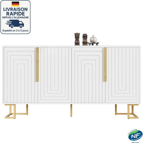 Aparador contemporáneo - 4 puertas - 152 x 40 x 75 cm - Presenta un diseño geométrico único con tiradores y patas dorados - MDF - Madera certificada PEFC - Blanco (1/5)