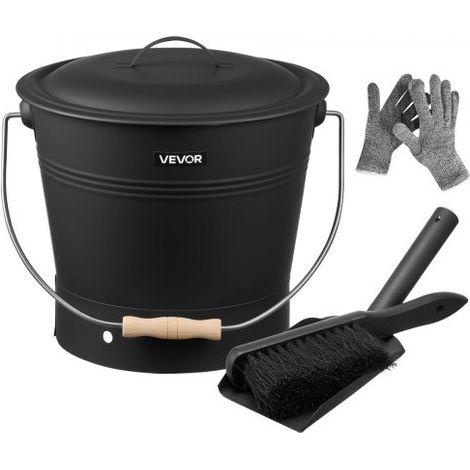 Cubo de Cenizas con Tapa 4 en 1, con Cubo para Carbón, Pala, Escoba y Guantes, Cenicero de Metal para Chimenea, Capacidad de 9,8 L, Fogatas y Estufas de Leña, Acero al Carbono, Color Negro (1/5)