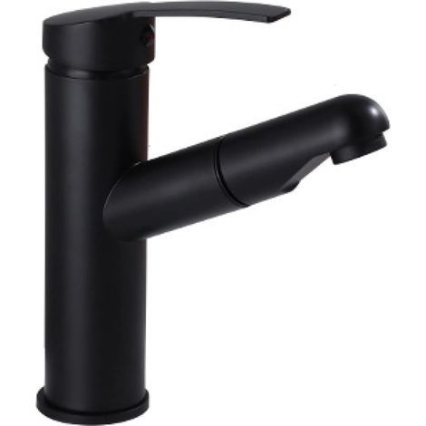Grifo monomando extraíble para lavabo, para agua fría y caliente, giratorio 360°, de acero inoxidable, con ducha de mano, color negro. (1/5)