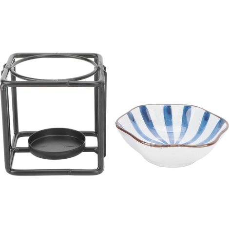 Bougeoir carré pour bougie chauffe-plat, diffuseur d'huiles essentielles et d'encens, bol en céramique rayé (1/5)