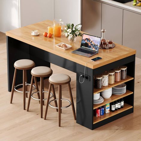Isola cucina 155 x 80 x 90 cm con LED e presa, piano 40 mm, MDF nero, REDOM (1/5)