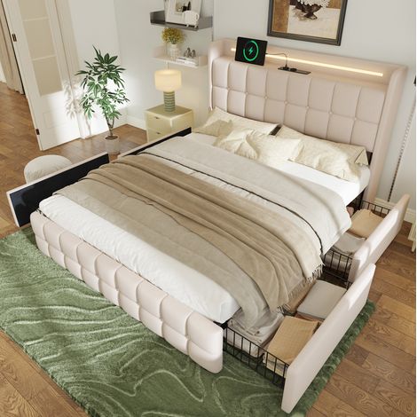 lit adulte double rangement LED USB 160x200 bois beige OKMYHOME (1/5)