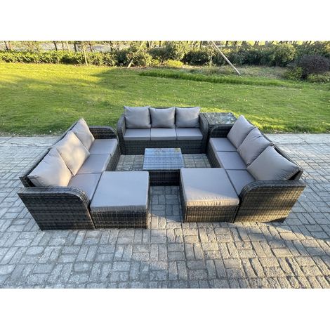 Fimous 11 places Ensembles de meubles de jardin avec Table basse carrée Canapé 3 places 2 Grand tabourets Table d'appoint Gris foncé mixte (1/5)